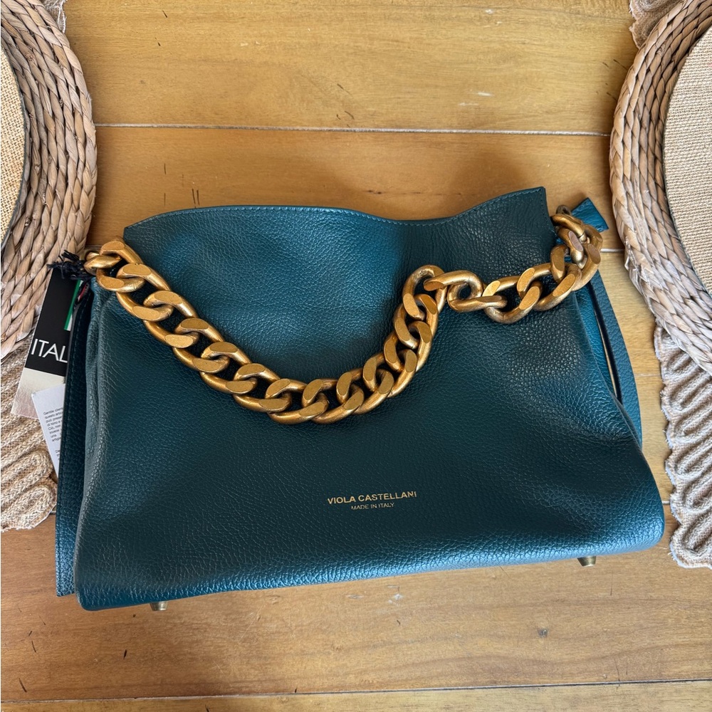 NEW Viola Castellani Genuine Leather Handbag Blue Teal with Chunky Chain Accent